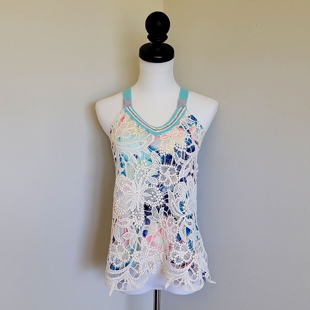 Xhilaration Tropical Print Tank with Crochet Overlay and Knit Back